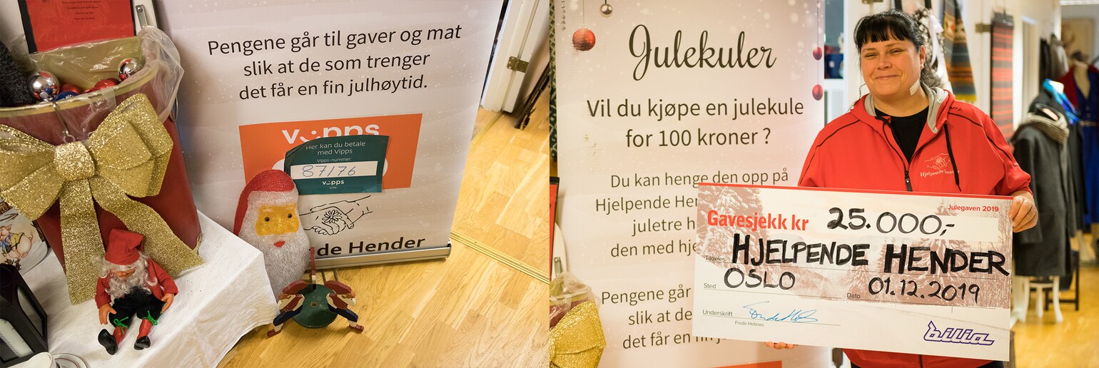 Overlevering av sjekk til Hjelpende Hender. Foto.